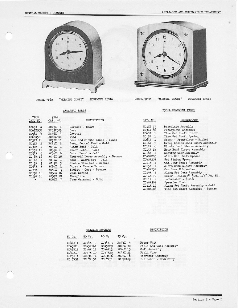 1950 General Electric Clocks Parts Catalog > Alarm Clocks > 7F60, 7F62