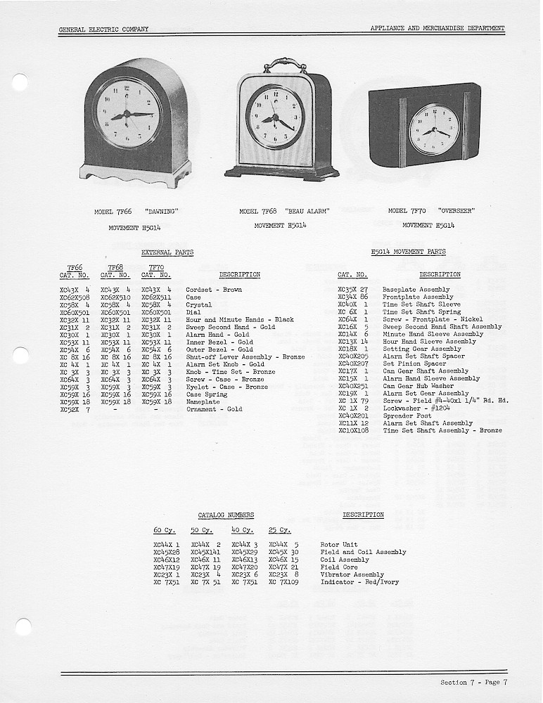 1950 General Electric Clocks Parts Catalog > Alarm Clocks > 7F66, 7F68, 7F70