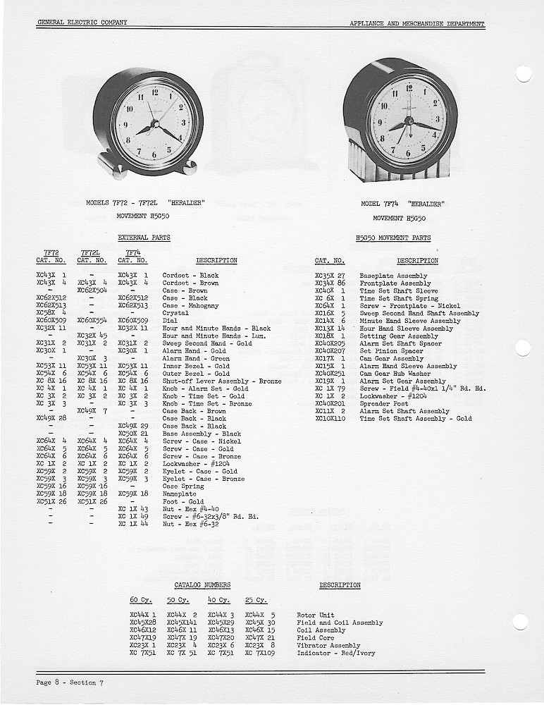 1950 General Electric Clocks Parts Catalog > Alarm Clocks > 7F72, 7F72L, 7F74