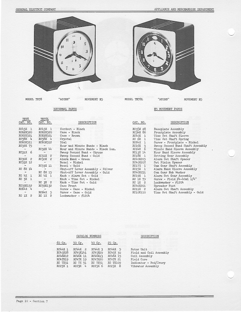 1950 General Electric Clocks Parts Catalog > Alarm Clocks > 7H78, 7H78L