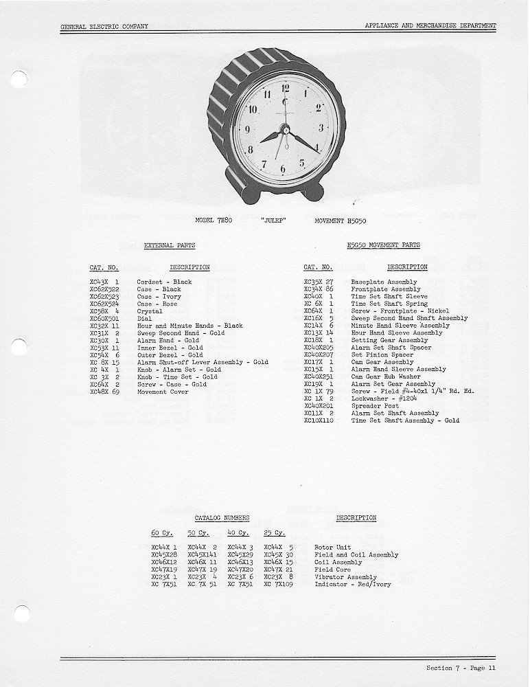 1950 General Electric Clocks Parts Catalog > Alarm Clocks > 7H80
