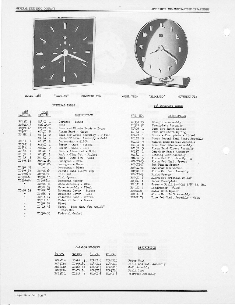 1950 General Electric Clocks Parts Catalog > Alarm Clocks > 7H88, 7H90