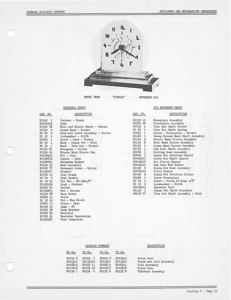 1950 General Electric Clocks Parts Catalog > Alarm Clocks > 7H92