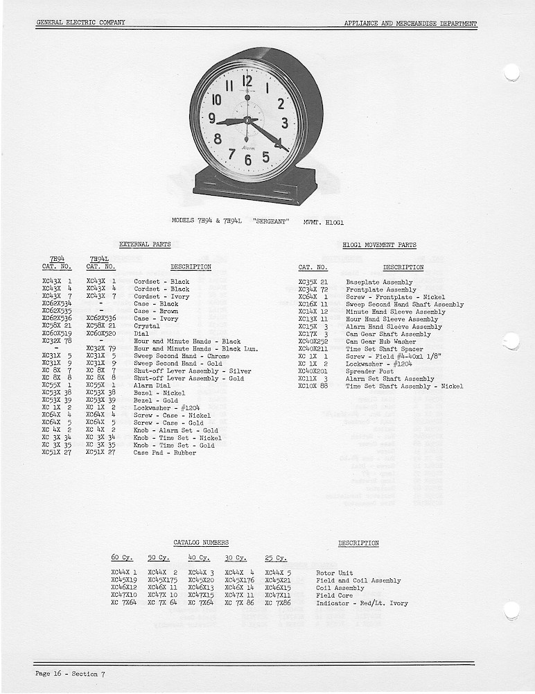 1950 General Electric Clocks Parts Catalog > Alarm Clocks > 7H94, 7H94L