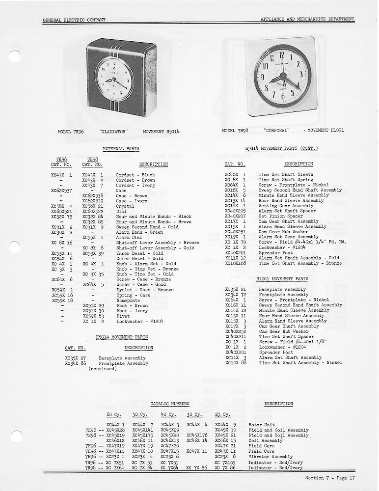 1950 General Electric Clocks Parts Catalog > Alarm Clocks > 7H96, 7H98