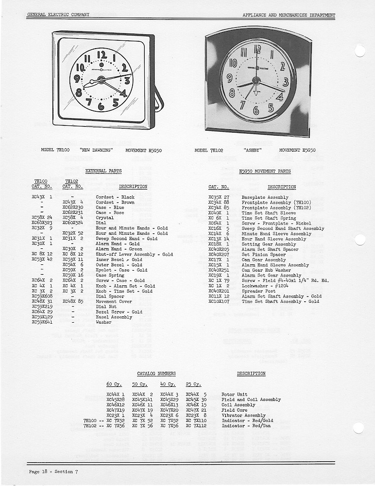 1950 General Electric Clocks Parts Catalog > Alarm Clocks > 7H100, 7H102