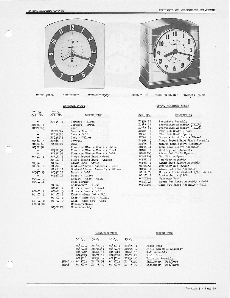 1950 General Electric Clocks Parts Catalog > Alarm Clocks > 7H104, 7H106