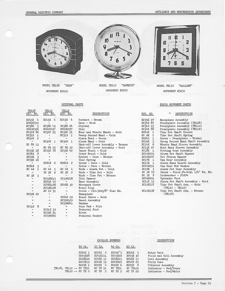 1950 General Electric Clocks Parts Catalog > Alarm Clocks > 7H108, H110, 7H112