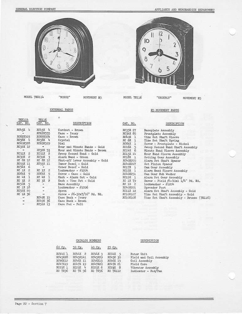 1950 General Electric Clocks Parts Catalog > Alarm Clocks > 7HX114, 7H116