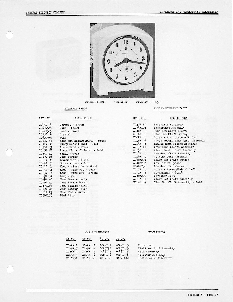 1950 General Electric Clocks Parts Catalog > Alarm Clocks > 7H116K