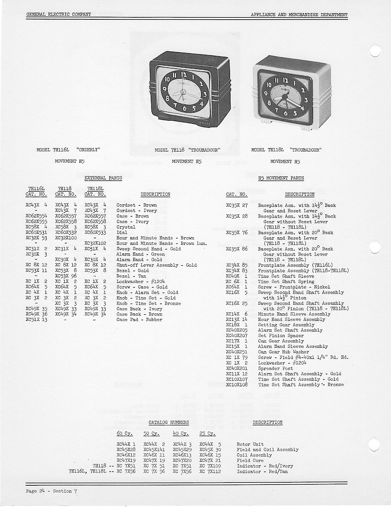 1950 General Electric Clocks Parts Catalog > Alarm Clocks > 7H116L, 7H118, 7H118L