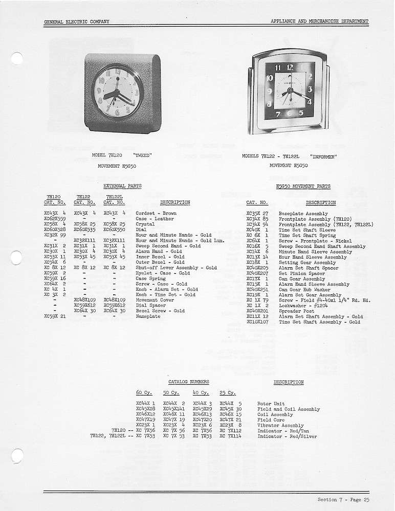 1950 General Electric Clocks Parts Catalog > Alarm Clocks > 7H120, 7H122, 7H122L