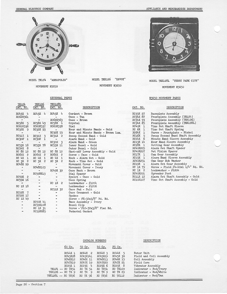 1950 General Electric Clocks Parts Catalog > Alarm Clocks > 7H124, 7HX126, 7HX128L