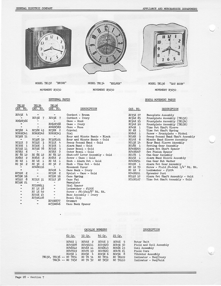 1950 General Electric Clocks Parts Catalog > Alarm Clocks > 7H132, 7H134, 7H136