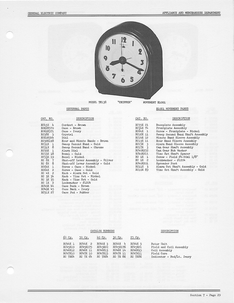 1950 General Electric Clocks Parts Catalog > Alarm Clocks > 7H138