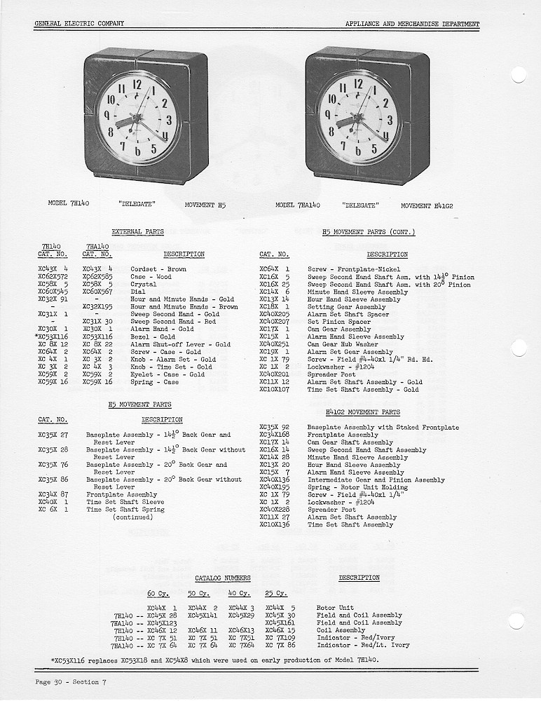 1950 General Electric Clocks Parts Catalog > Alarm Clocks > 7H140, 7HA140