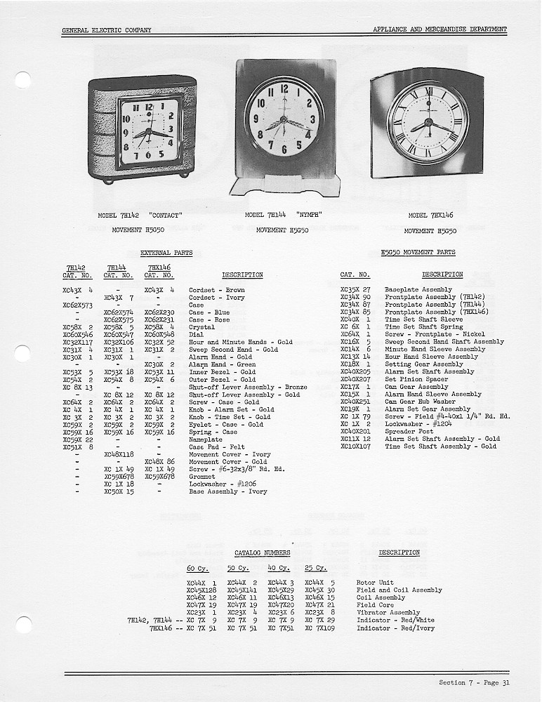 1950 General Electric Clocks Parts Catalog > Alarm Clocks > 7H142, 7H144, 7HX146
