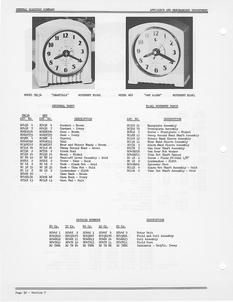 1950 General Electric Clocks Parts Catalog > Alarm Clocks > 7H154, W2  WAR ALARM