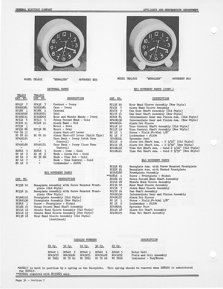 1950 General Electric Clocks Parts Catalog > Alarm Clocks > 7H160I, 7HA160I