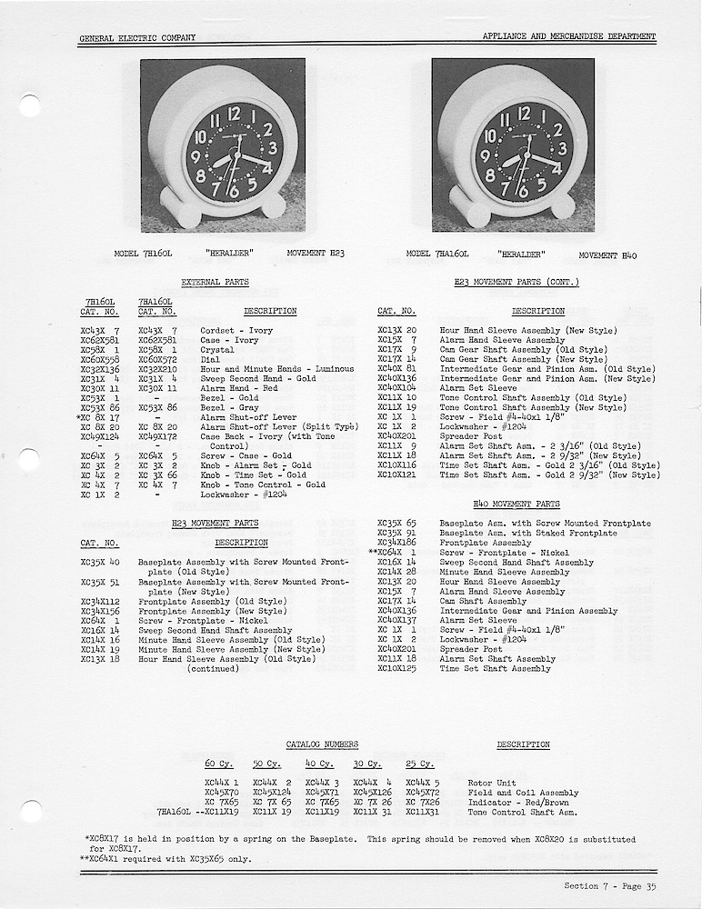 1950 General Electric Clocks Parts Catalog > Alarm Clocks > 7H160L, 7HA160L