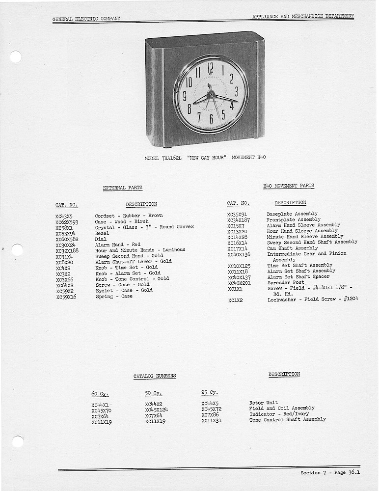 1950 General Electric Clocks Parts Catalog > Alarm Clocks > 7HA162L