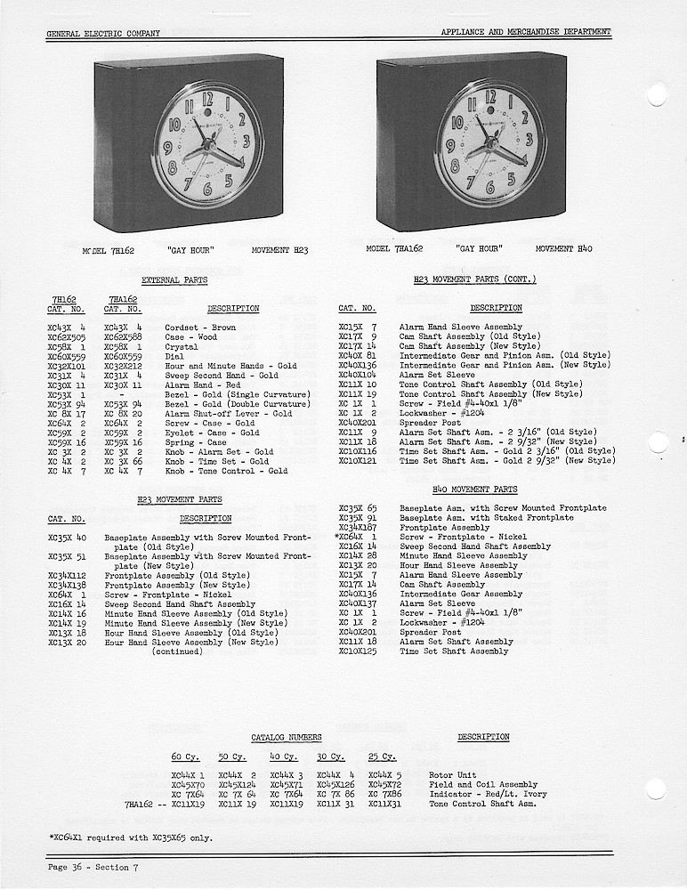 1950 General Electric Clocks Parts Catalog > Alarm Clocks > 7H162, 7HA162