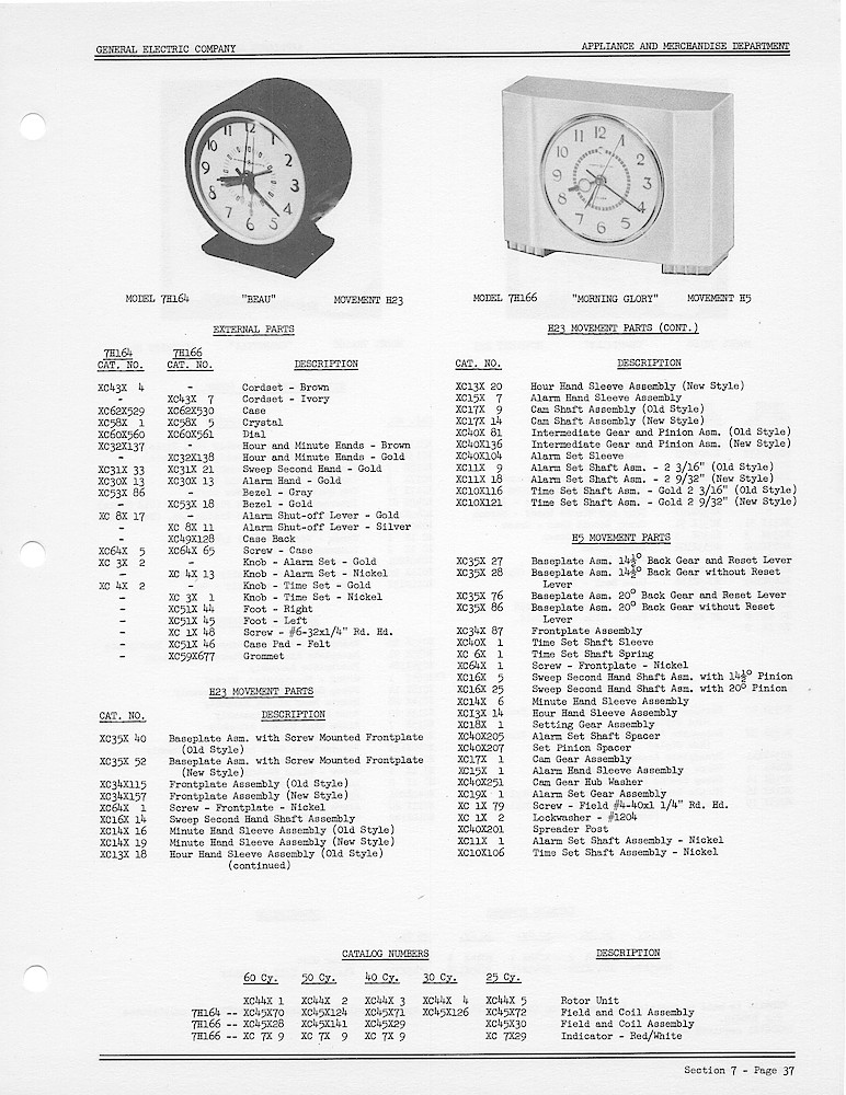1950 General Electric Clocks Parts Catalog > Alarm Clocks > 7H164, 7H166
