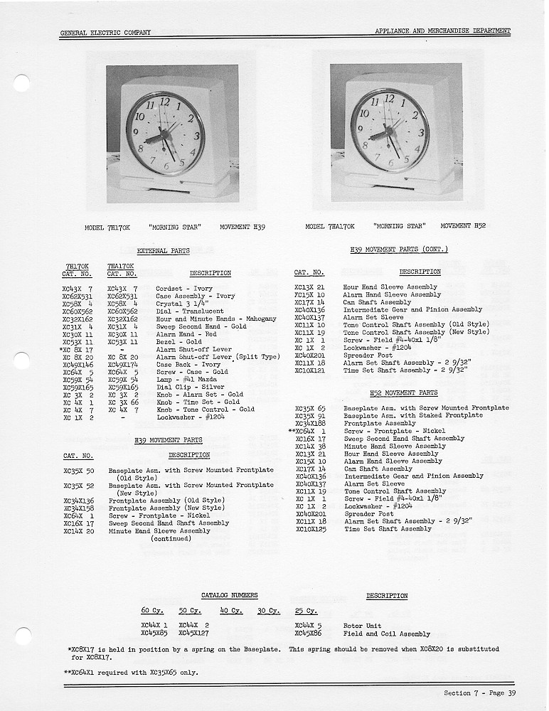 1950 General Electric Clocks Parts Catalog > Alarm Clocks > 7H170K, 7HA170K