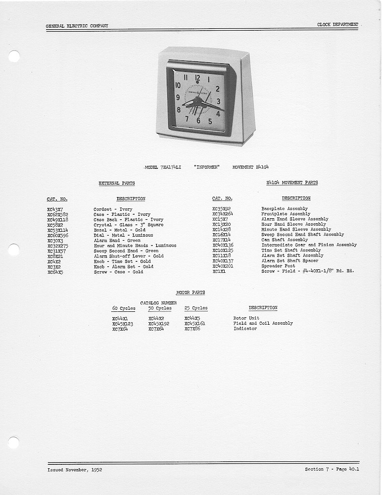 1950 General Electric Clocks Parts Catalog > Alarm Clocks > 7HA174LI