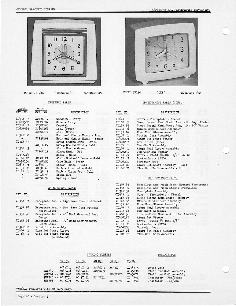 1950 General Electric Clocks Parts Catalog > Alarm Clocks > 7H174L, 7H176