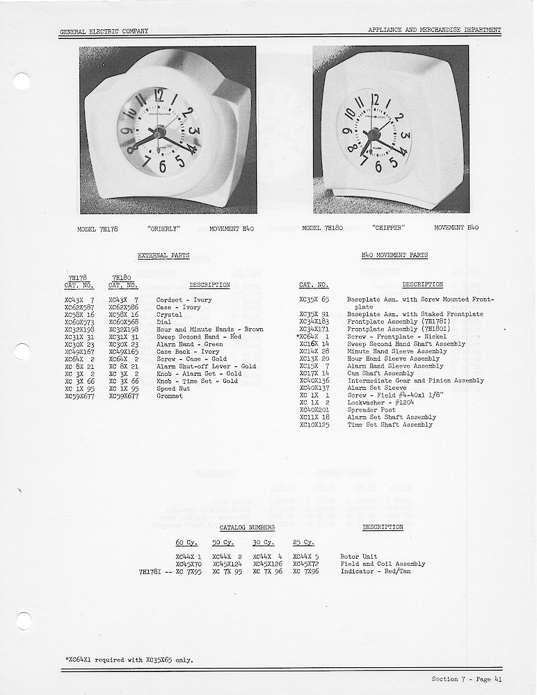 1950 General Electric Clocks Parts Catalog > Alarm Clocks > 7H178, 7H180