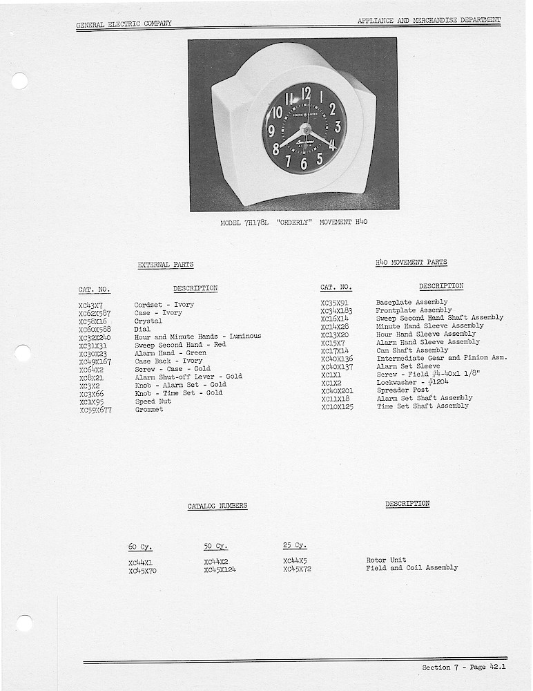 1950 General Electric Clocks Parts Catalog > Alarm Clocks > 7H178L
