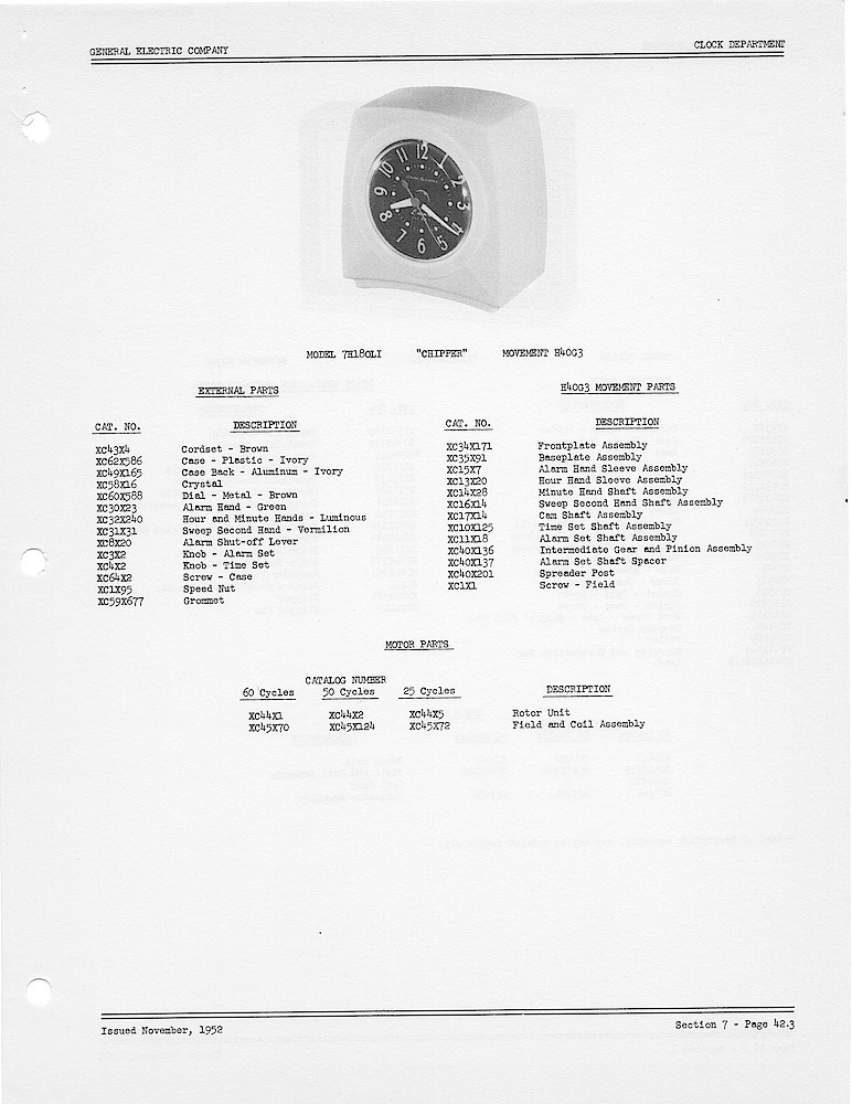 1950 General Electric Clocks Parts Catalog > Alarm Clocks > 7H180LI