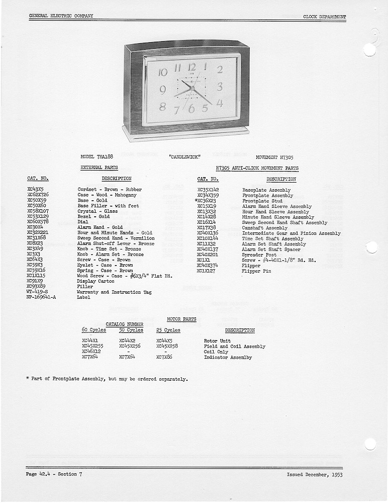 1950 General Electric Clocks Parts Catalog > Alarm Clocks > 7HA188
