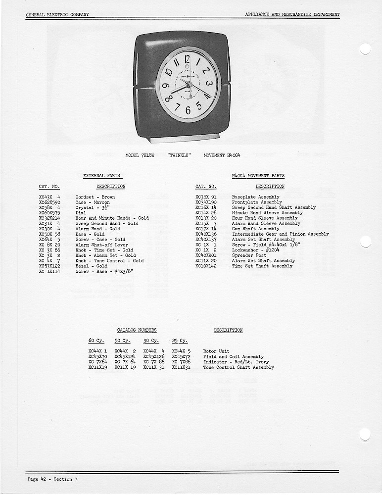 1950 General Electric Clocks Parts Catalog > Alarm Clocks > 7H182