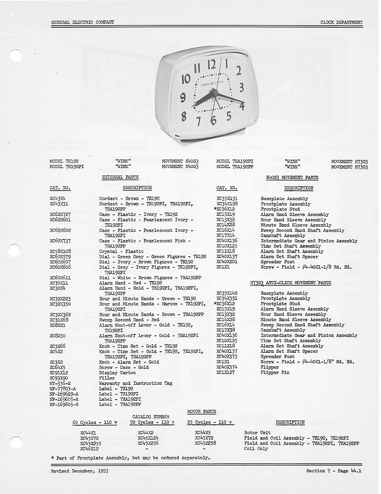1950 General Electric Clocks Parts Catalog > Alarm Clocks > 7H192, 7H192PI, 7HA192PI, 7HA192PP