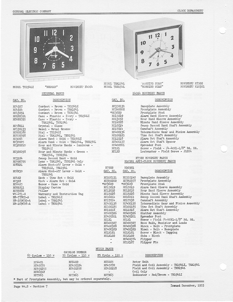 1950 General Electric Clocks Parts Catalog > Alarm Clocks > 7H194LI, 7HA194L, 7HB194L