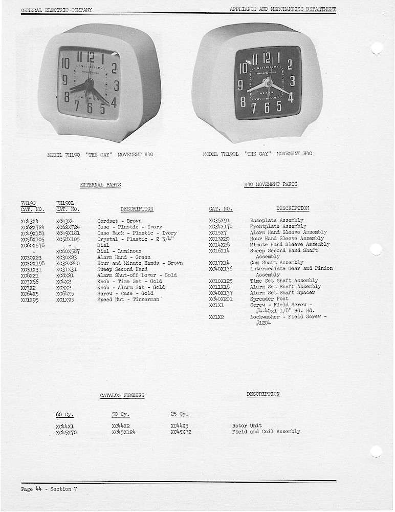 1950 General Electric Clocks Parts Catalog > Alarm Clocks > 7H190, 7H190L