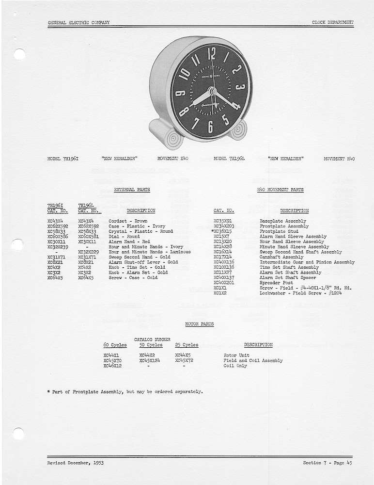 1950 General Electric Clocks Parts Catalog > Alarm Clocks > 7H196I, 7H196L