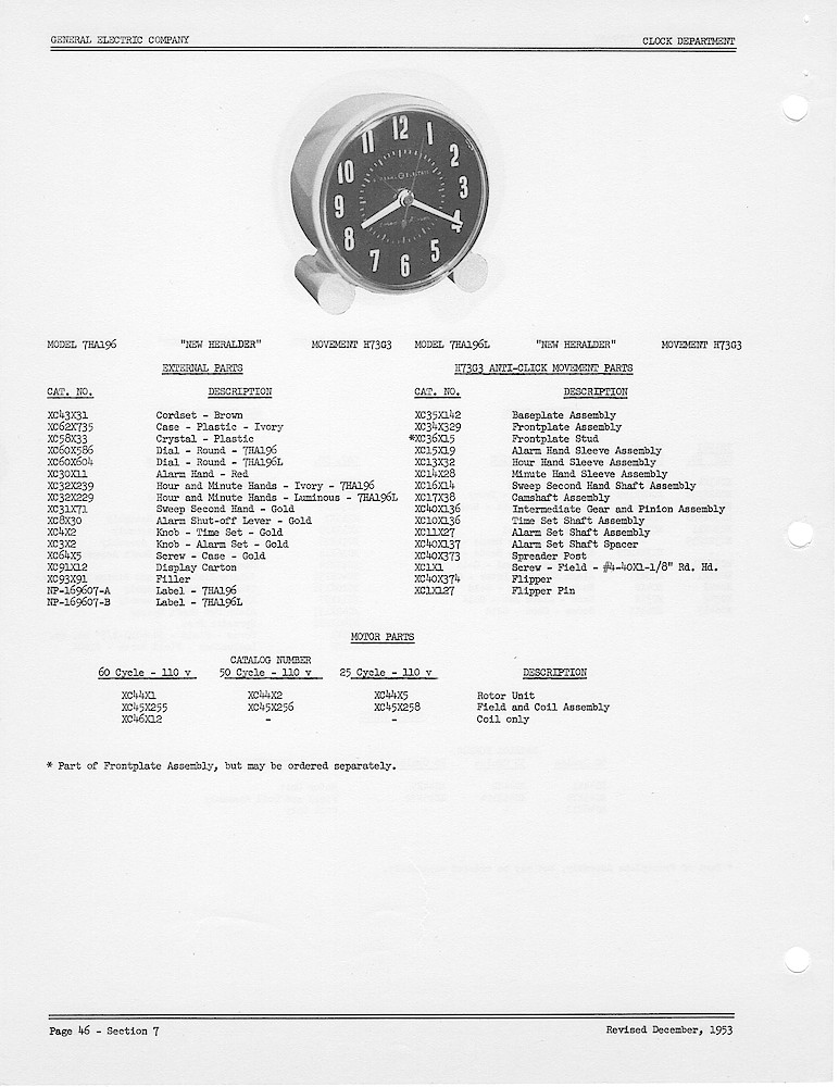 1950 General Electric Clocks Parts Catalog > Alarm Clocks > 7HA196, 7HA196L
