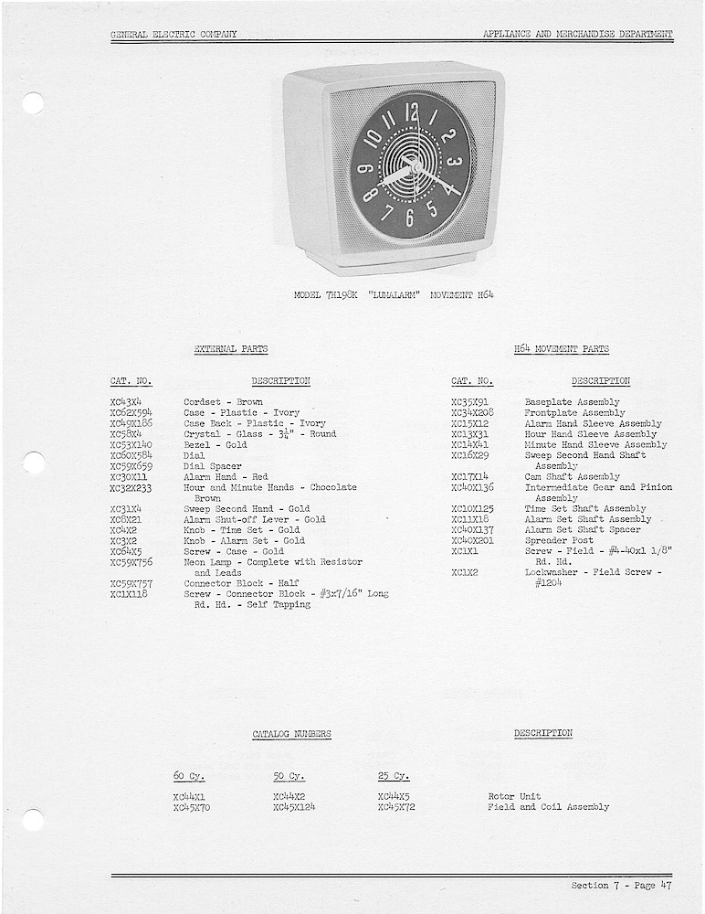 1950 General Electric Clocks Parts Catalog > Alarm Clocks > 7H198K