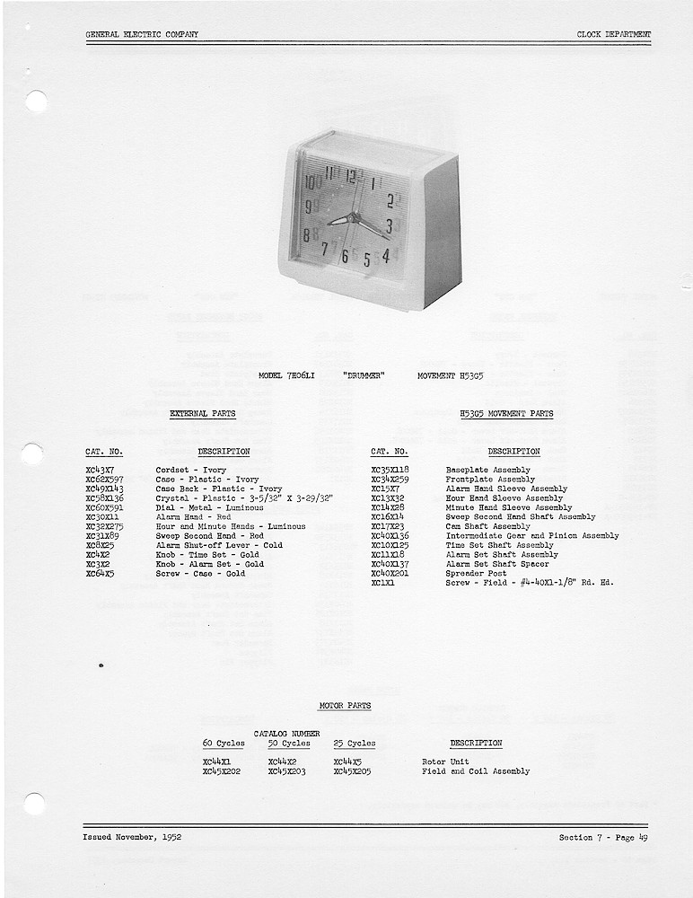 1950 General Electric Clocks Parts Catalog > Alarm Clocks > 7H06LI