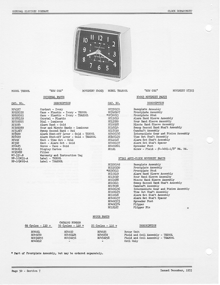 1950 General Electric Clocks Parts Catalog > Alarm Clocks > 7H200L, 7HA200L