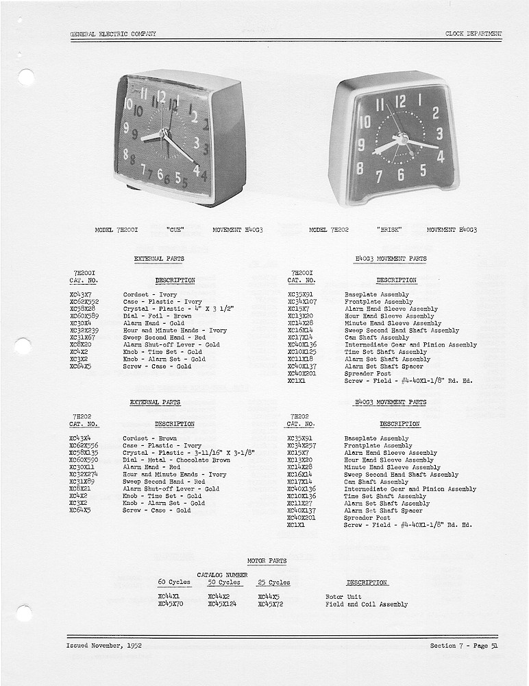 1950 General Electric Clocks Parts Catalog > Alarm Clocks > 7H200I, 7H202