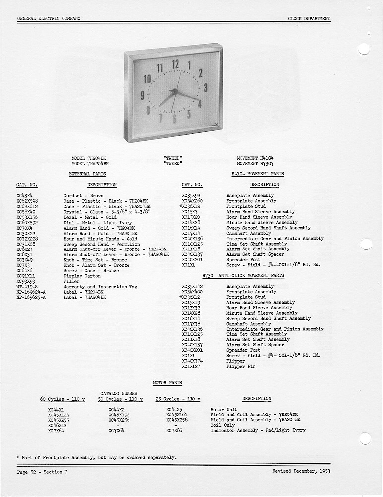 1950 General Electric Clocks Parts Catalog > Alarm Clocks > 7H204BK, 7HA204BK. Revised December 1953