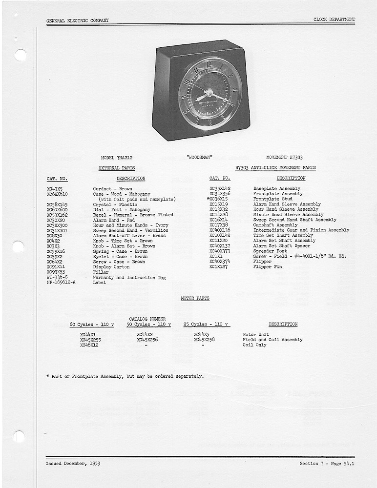 1950 General Electric Clocks Parts Catalog > Alarm Clocks > 7HA212