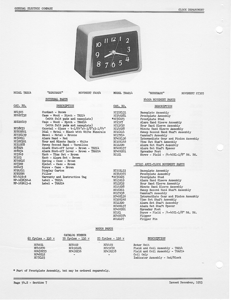1950 General Electric Clocks Parts Catalog > Alarm Clocks > 7H214, 7HA214