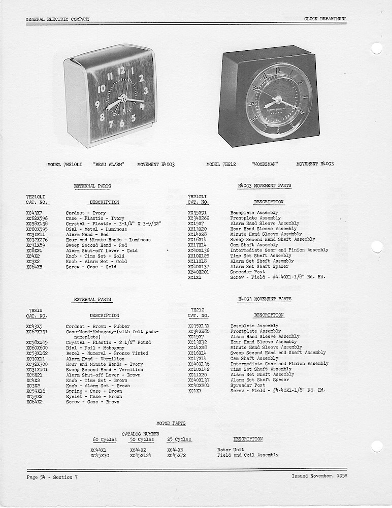 1950 General Electric Clocks Parts Catalog > Alarm Clocks > 7H210LI, 7H212