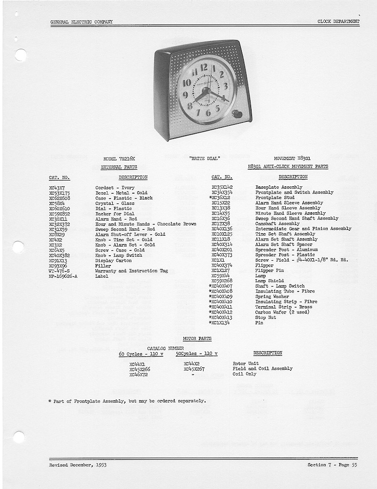 1950 General Electric Clocks Parts Catalog > Alarm Clocks > 7H216K. Revised December, 1953