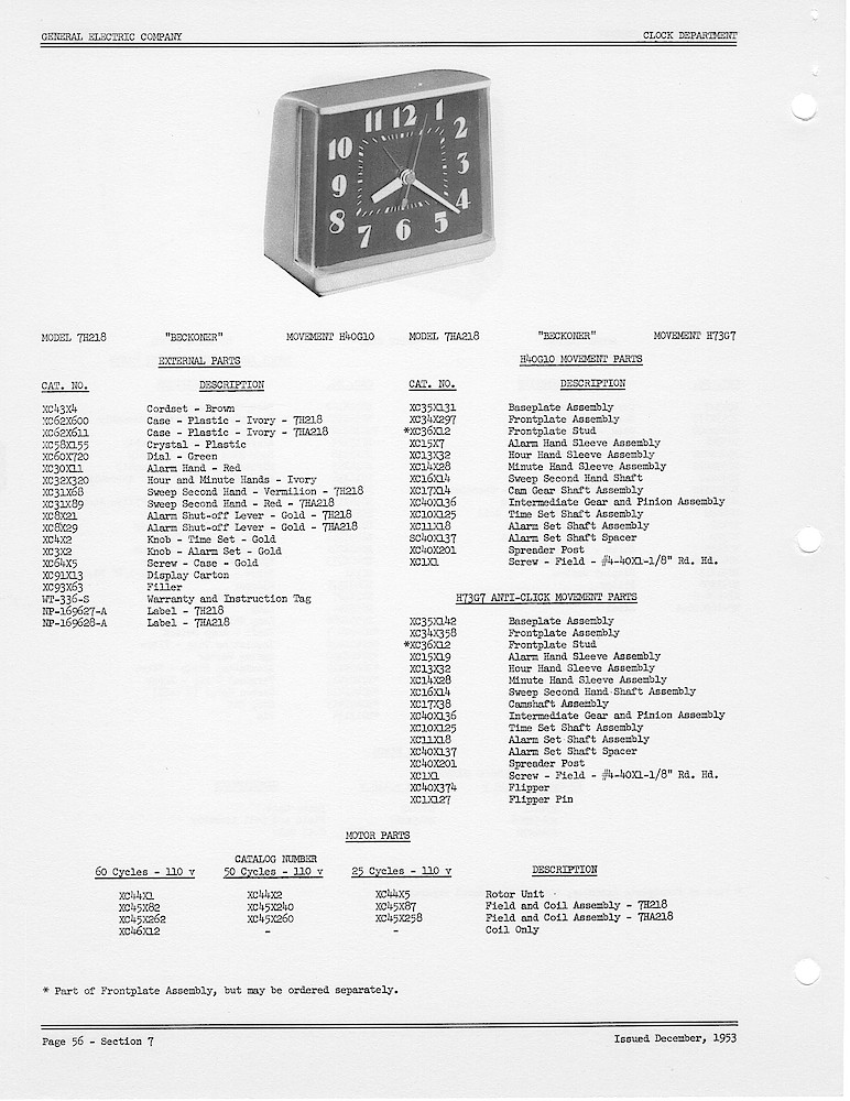 1950 General Electric Clocks Parts Catalog > Alarm Clocks > 7H218, 7HA218